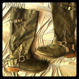 Black Steve Madden tall buckle zipper boots